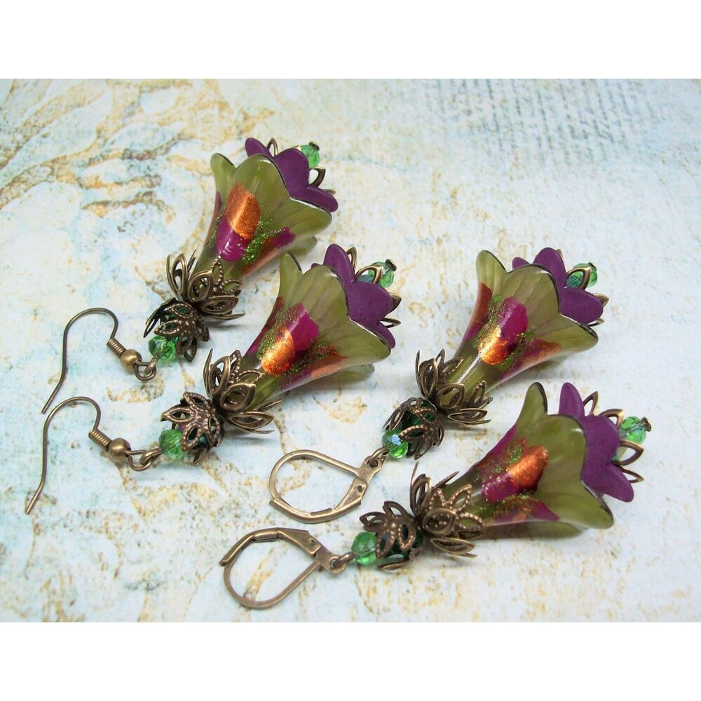 Art Nouveau Dangle & Drop Earrings, Vintage Style, Bronze, Hand Painted, Flower